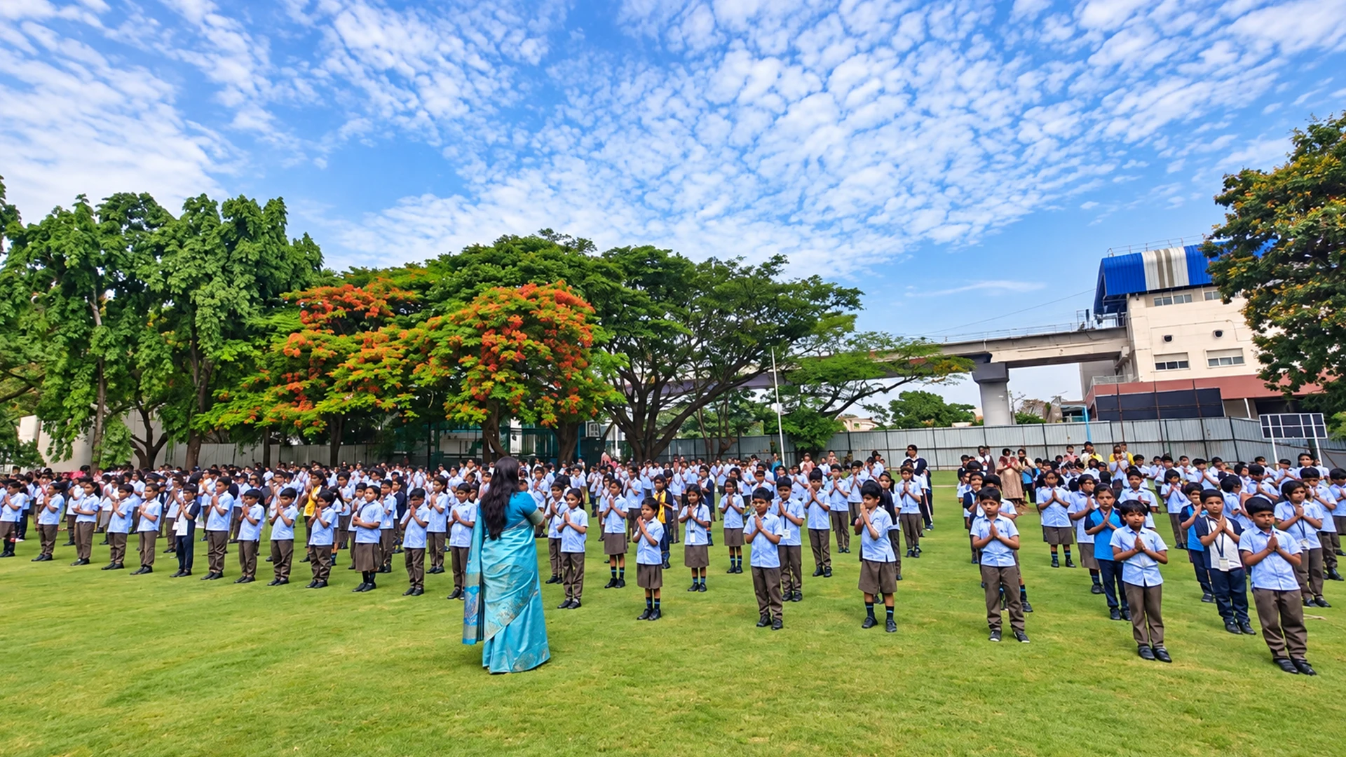 Ujjval students gathered on the green school grounds