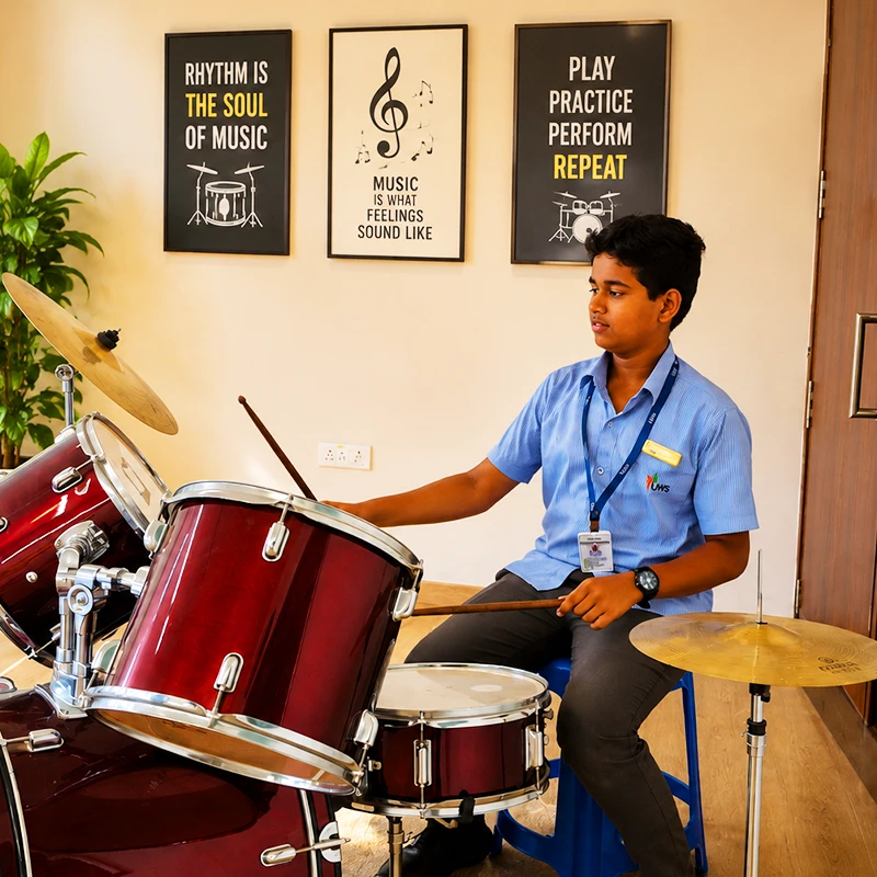 Ujjval student practising on a drum kit