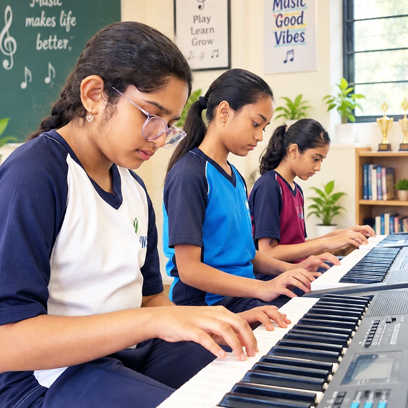 Ujjval students practising keyboards in the music room