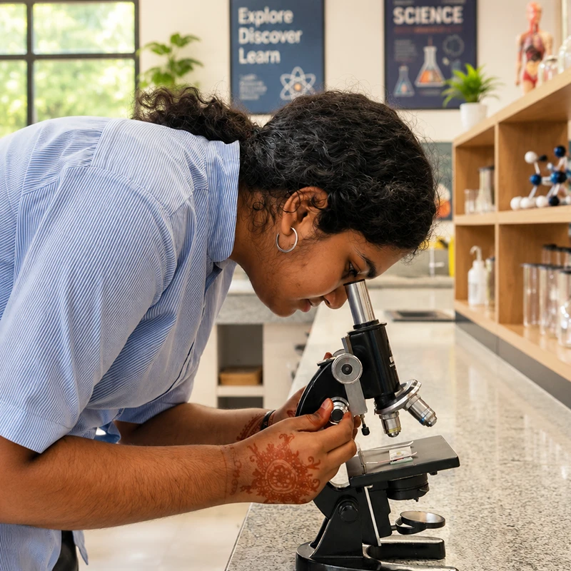 Ujjval student examining a specimen through a microscope